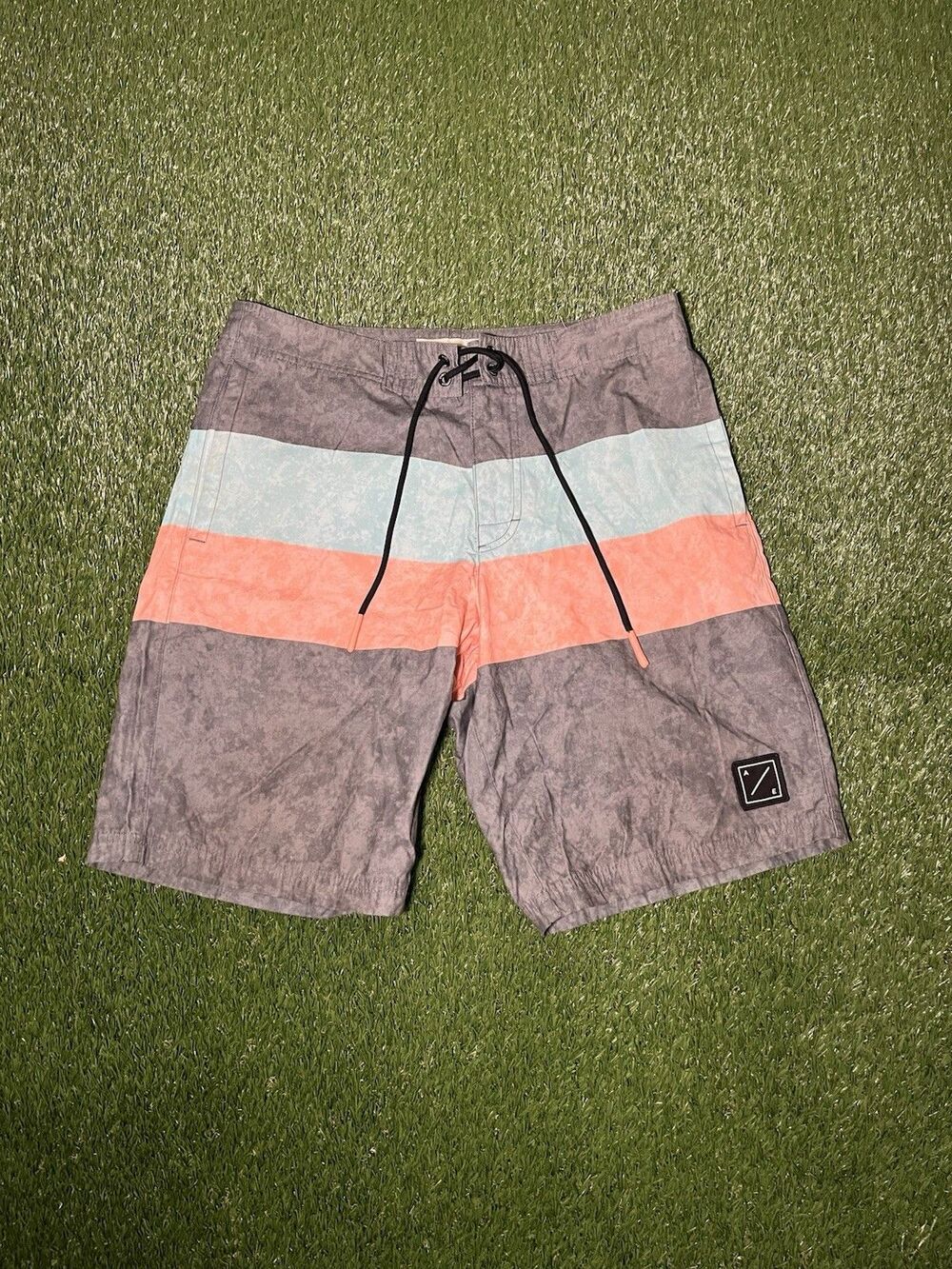 American Eagle Board Shorts Striped Gray Blue Orange Men's S Drawstring Pockets